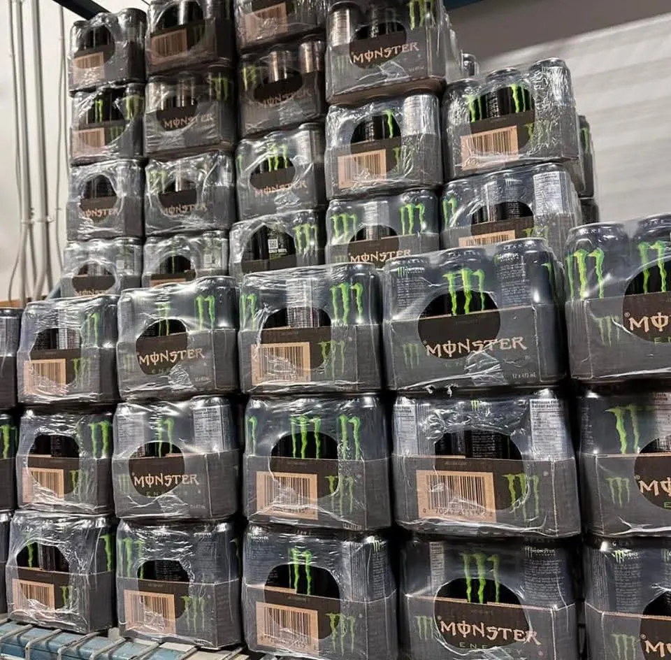 Monster Original cases stacked in storage